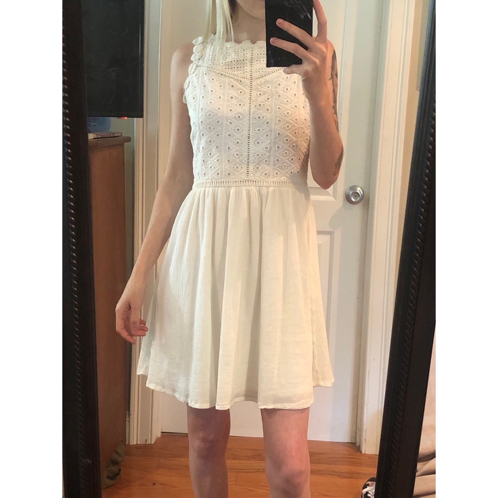 White high neck embroidered floral mini dress